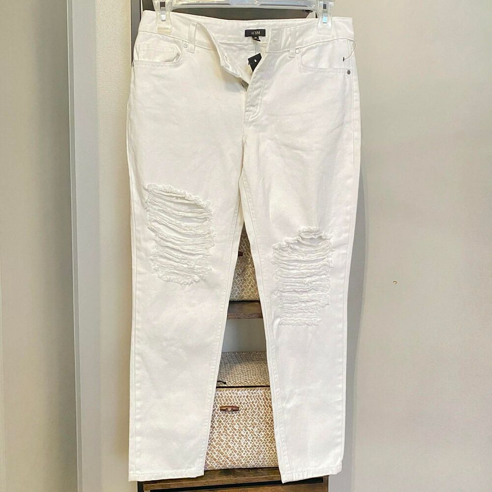 AFRM White Distressed Jeans Size 26 | High Rise Ripped Denim Straight Leg NWT
